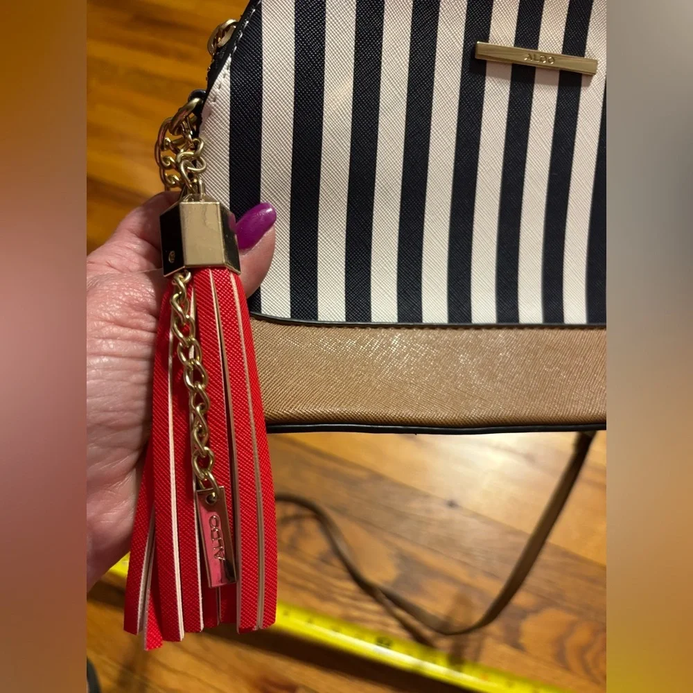 Aldo Navy and White Striped Crossbody Bag with Brown and Red Accents NWOT - Picture 7 of 13